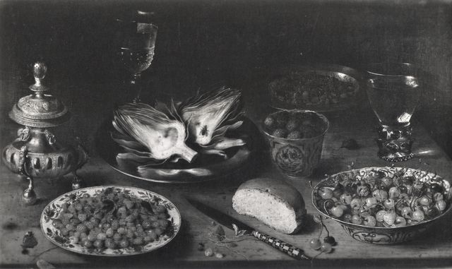Vizzavona, François Antoine — Beert Osias il Vecchio - sec. XVII - Natura morta con ciotole di frutta, piatto di carciofi, pane, coltello, zuccheriera, calice e bicchiere römer — insieme